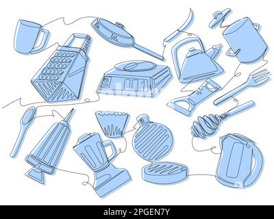 Tools and appliances for cooking in single line with a blue silhouette. Stock Vector
