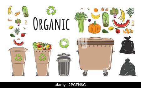 Set of garbage cans with organic garbage. Recycle trash bins full of trash. Waste management. Sorting garbage falls into bins. Utilization concept. Ha Stock Vector