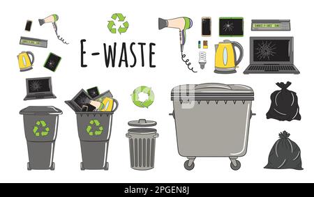 Set of garbage cans with e-waste garbage. Recycle trash bins full of trash. Waste management. Sorting garbage falls into bins. Utilization concept. Ha Stock Vector