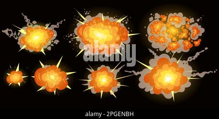 Cartoon explosions set on black screen.  Stock Vector