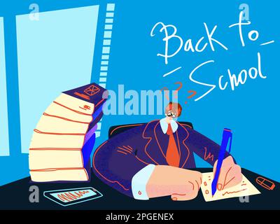 Red-haired schoolboy in uniform writes an exam test in the classroom. Vector illustration of a student on a test. Back to school concept on September Stock Vector