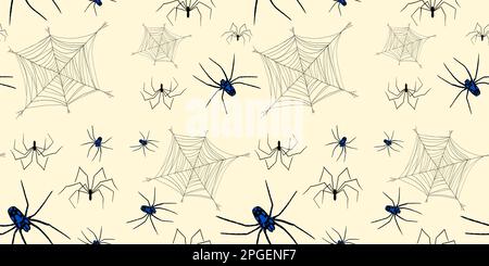 Spiders with cobwebs seamless pattern in beige color. Stock Vector