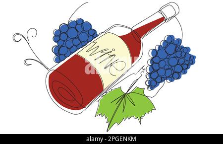 A bottle of wine with one line grapes on a white background.  Stock Vector