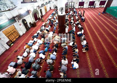 Medan, Indonesia. 22nd Mar, 2023. Muslims perform the first tarawih prayer for marking the holy month of Ramadan at the Great Mosque in Medan, North Sumatra, Indonesia, on March 22, 2023. The Indonesian government has set the start of 1 Ramadan to fall on March 23, 2023. (Photo by Hendro Budiman/INA Photo Agency/Sipa USA) Credit: Sipa USA/Alamy Live News Stock Photo