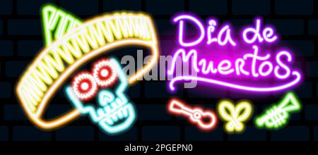 Neon skull in a sombrero of different colors with a glow on a black background.  Stock Vector