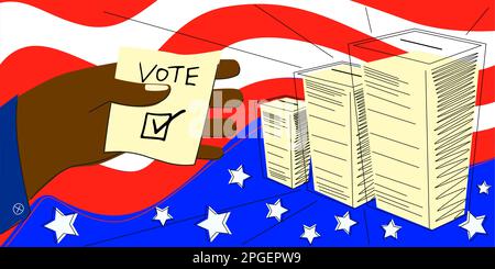 A black hand holds a ballot with a cast vote against the backdrop of ballots and the US flag. The concept of democracy and voting in elections in Amer Stock Vector