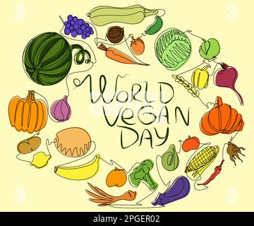 Round frame with vegetables and fruits in one line with colored silhouette. Stock Vector