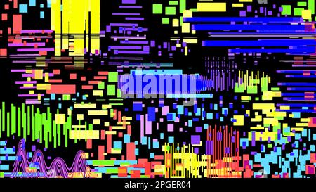 Multi-colored pixels and interference on a black background. Glitch effect.  Stock Vector