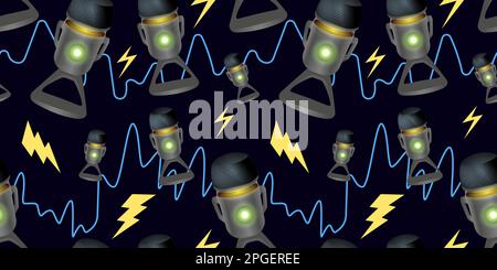 3d streamer microphones with sound waves seamless pattern. Stock Vector