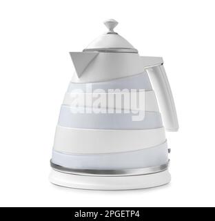 Plastic electric kettle on isolation. Modern electric kettle. Light teapot on a white background. Household electrical appliances for the kitchen. Stock Photo