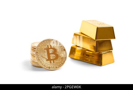 Heap of bitcoin coins and gold bars isolated on white background. Cryptocurrency close-up on isolation. Ingots of gold. Currency growth concept Stock Photo