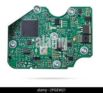 Green printed circuit board with transistors and microchips to control various devices Stock Photo