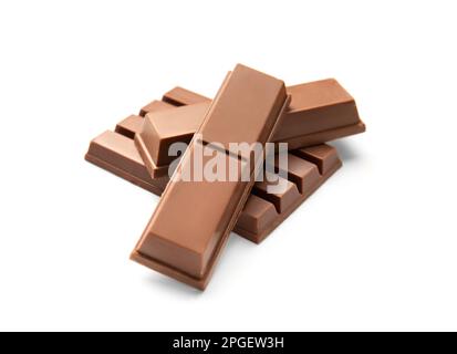 Chocolate bars with waffles on a white background. Crispy wafers in chocolate on isolation. Sweet bars in milk chocolate close-up. Dessert. Snack. Stock Photo