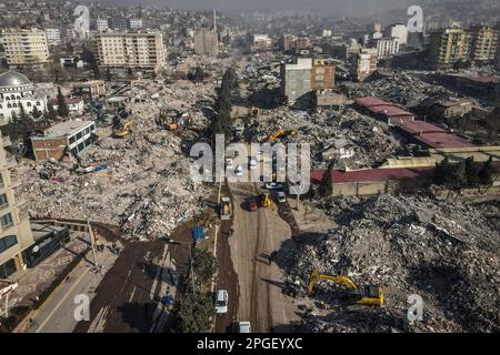 Kahramanmara, Turkey. 14th Feb, 2023. An aerial view of the ruined city of Kahramanmara in southern Turkey, with destroyed houses and apartment buildings after the deadly earthquake. (Credit Image: © Shady Alassar/ZUMA Press Wire) EDITORIAL USAGE ONLY! Not for Commercial USAGE! Stock Photo