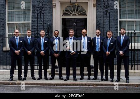 London, UK. 22nd Mar, 2023. Members of the England cricket team visit 10 Downing Street. They won the World Cup in 2019 but, because of the pandemic, were unable to properly celebrate. England beat New Zealand to win the men's World Cup for the first time after one of the most amazing games of cricket ever played was tied twice. Credit: Mark Thomas/Alamy Live News Stock Photo