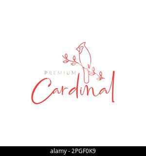 cardinal bird perched tree twig leaves feminine line art logo design vector Stock Vector