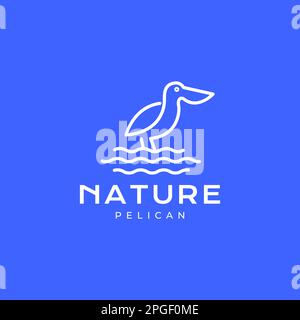 bird wildlife pelican looking fish lake water line minimal modern logo design vector Stock Vector