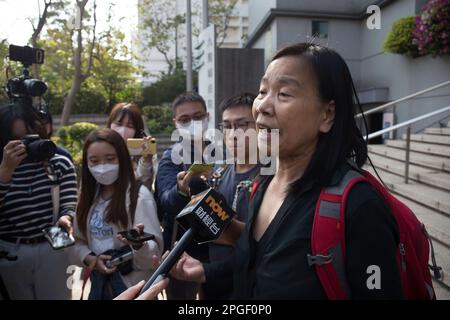 League of Social Democrats chairwoman Chan Po-ying addresses the media outside Kowloon City Court after her conviction of collecting donations without a permit under the Summary Offences Ordinance at Kowloon City Court. Chan and Christina Tang Yuen-ching, a former assistant to ex-lawmaker 'Long Hair' Leung Kwok-hung, had set up a street booth on a footbridge on Sai Yee Street to rally public support and urge authorities to 'release political prisoners' in Mong Kok on July 24, 2021.  16MAR23 SCMP/ Brian Wong Stock Photo