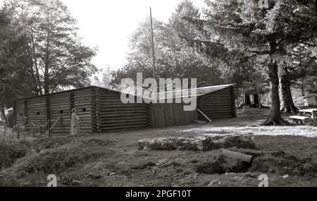 1950s, historical, outside in a forest, a lady standing outside a large single-storey log cabin, Oregon, USA. Log cabins are part of American history, being the homes of the first-generaton settlers. Stock Photo