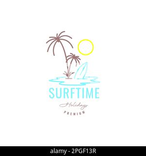 holiday surf sea beach ocean coconut tree sun day colorful minimal logo design vector Stock Vector