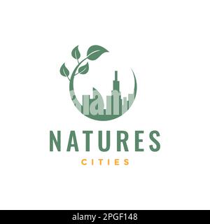 nature forest leaves with cities building buddy logo design vector Stock Vector