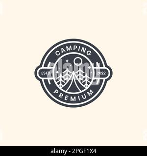 tent camp forest holiday night tree pine circle badge logo design vector Stock Vector
