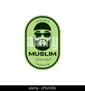 man muslim style head cap bearded sunglasses vintage badge logo design vector Stock Vector