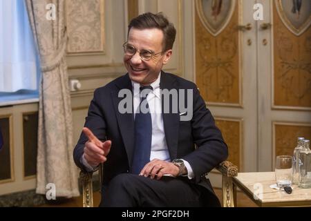 Brussels, Belgium. 22nd Mar, 2023. Sweden Prime Minister Ulf Kristersson pictured during a diplomatic meeting between Belgium and Sweden on Wednesday 22 March 2023 in Brussels. BELGA PHOTO HATIM KAGHAT Credit: Belga News Agency/Alamy Live News Stock Photo