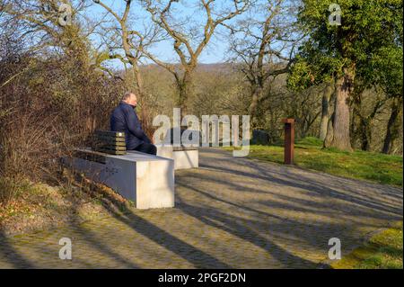 A senior man sits alone on a bench in a park looking into the distance Stock Photo