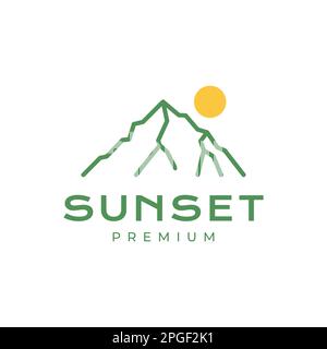 green high hill peak mount sunset afternoon line minimal logo design vector Stock Vector
