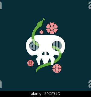 skull cranium brainpan snake flower clean modern flat logo design vector Stock Vector