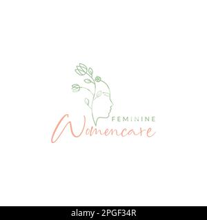 feminine face women care herbal leaves flowers line art minimal logo design vector Stock Vector