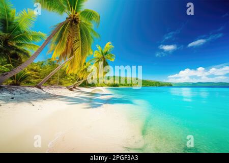 Escape to a secluded paradise with this breathtaking image of a deserted tropical beach. The clear turquoise waters gently lap against the pristine white sand, surrounded by towering palm trees Stock Photo