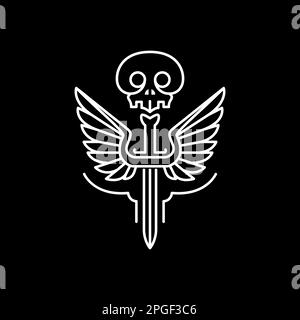 skull cranium bones wings swords dark night minimal line modern logo design vector Stock Vector