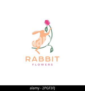 animal pets rabbit hare bunny flowers rose modern logo design vector Stock Vector