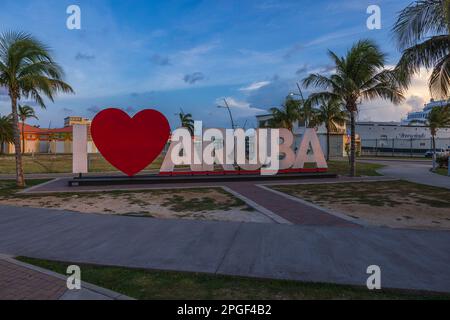 Close up view of letters I love Aruba in center of Oranjestad, capital of Aruba. Aruba. Oranjestad. Stock Photo