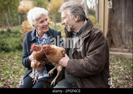 Mature couple holding chicken birds in the farm, Bavaria, Germany Stock Photo