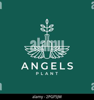 plant floral pots vase wings angel minimal line logo design vector Stock Vector
