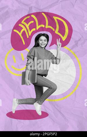 3d retro abstract creative artwork template collage of excited running jumping teenager girl have fun laptop showing hand peace sign Stock Photo
