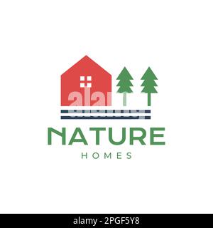 home house with nature tree pines colorful modern logo design vector Stock Vector
