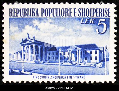 MOSCOW, RUSSIA - MARCH 16, 2023: Postage stamp printed in Albania shows Film Studios, Tirana, Rebuilding serie, circa 1953 Stock Photo