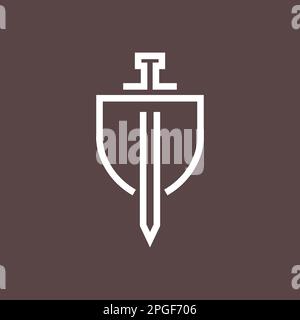 shield guard secure sword kingdom line minimal logo design vector Stock Vector