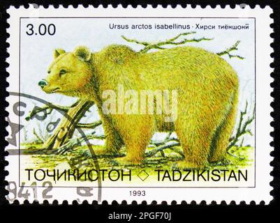 MOSCOW, RUSSIA - MARCH 16, 2023: Postage stamp printed in Tajikistan shows Himalayan Brown Bear (Ursus arctos isabellinus), Fauna serie, circa 1993 Stock Photo