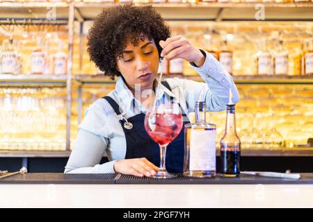 latin woman bartender preparing a cocktail on the bar counter Stock Photo