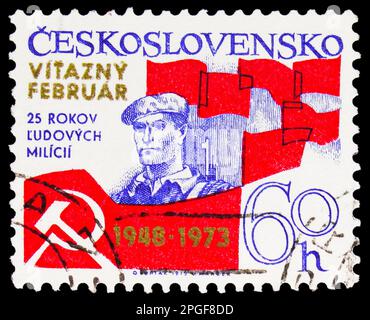 MOSCOW, RUSSIA - MARCH 16, 2023: Postage stamp printed in Czechoslovakia shows 25th anniversary of the Communist Militia, 'Victorious February', 25th Stock Photo