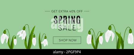 Spring Sale banner with snowdrops on green Background. Vector EPS10 Stock Vector