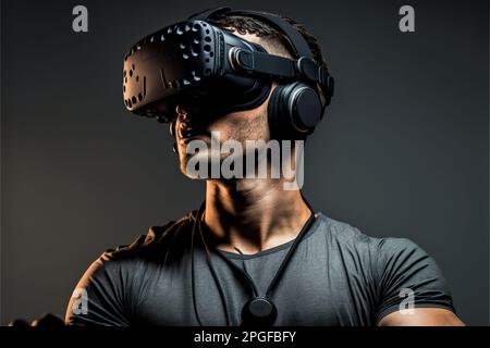 studio shot of a man wearing a VR device Stock Photo