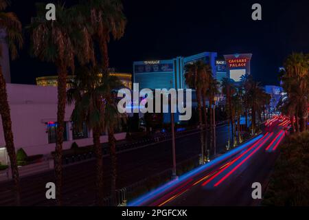 Beautiful view of colorful blurred defocused lights on night on Strip Road. Las Vegas, USA. Stock Photo