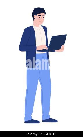 Working man with laptop semi flat color vector character Stock Vector