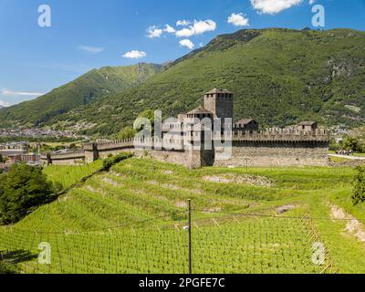 Bellinzona, Switzerland - May 28. 2021: Aerial image of the medieval castle Montebello in the capital city of Canton Ticino, Bellinzona, Switzerland. Stock Photo